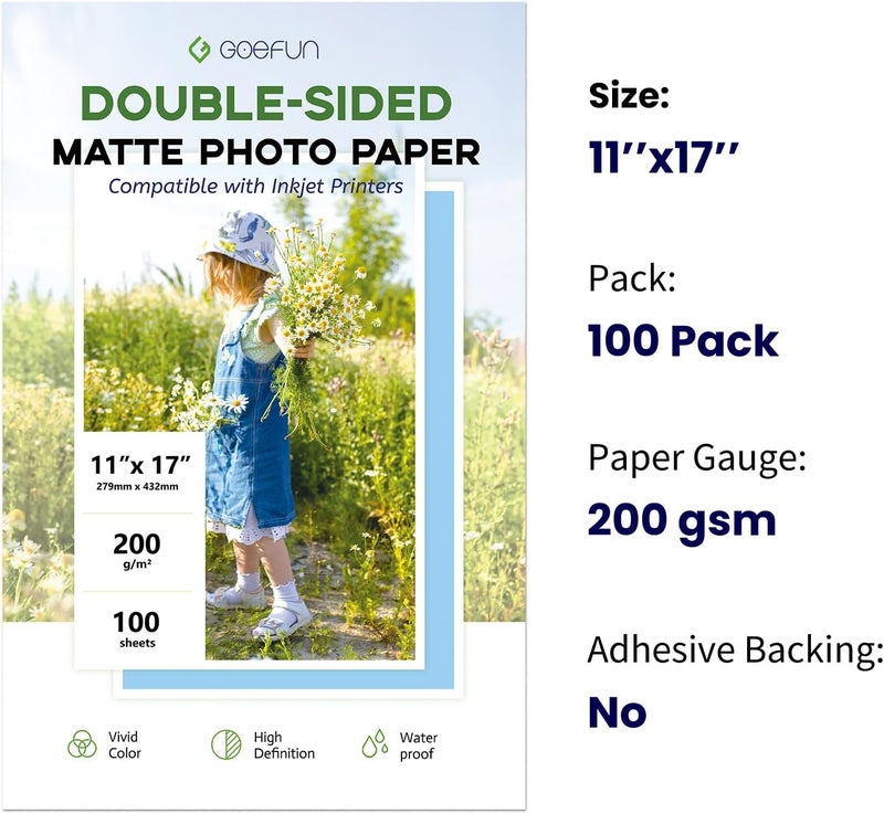 Goefun 11x17 Double Sided Photo Paper Matte, 200GSM/54LB Presentation Paper for Inkjet Printer, 100 Sheets - Image 2